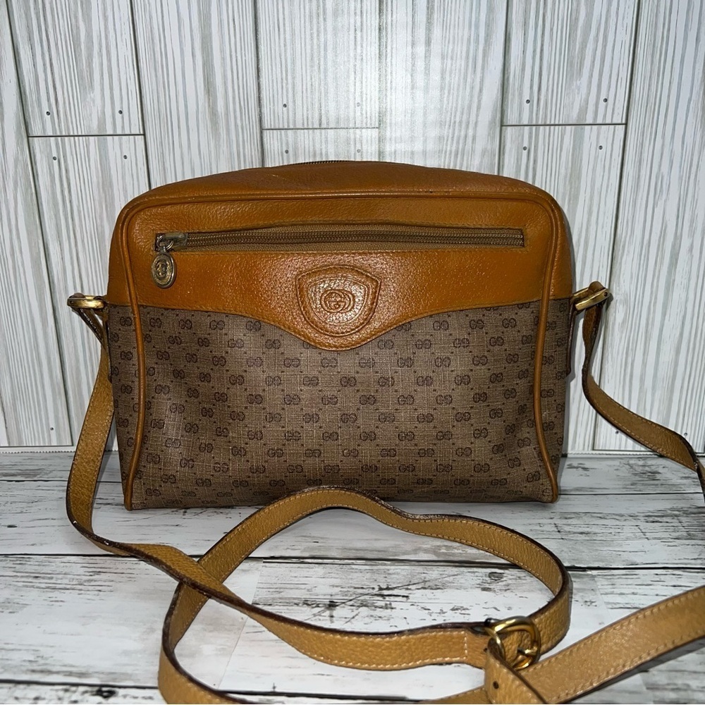 Gucci Vintage GG Monogram Canvas Crossbody Bag Brown Leather Trim Messenger - Picture 6 of 12